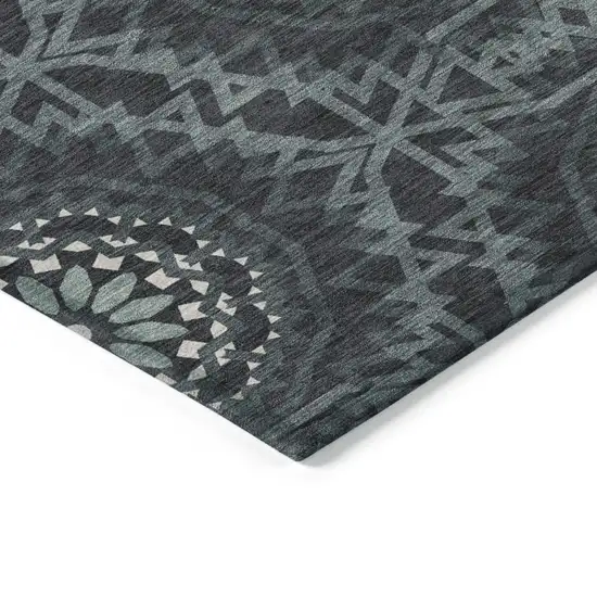 Charcoal Gray And Ivory Floral Medallion Washable Indoor Outdoor Area Rug Photo 4