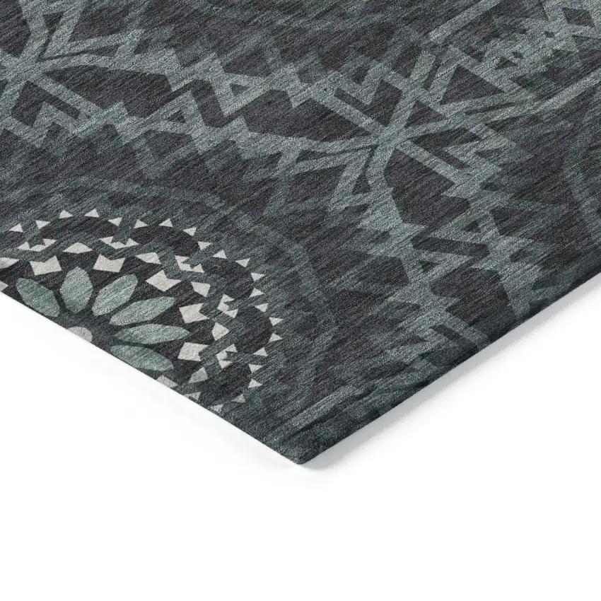 Charcoal Gray And Ivory Floral Medallion Washable Indoor Outdoor Area Rug Photo 4