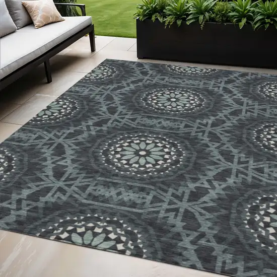 Charcoal Gray And Ivory Floral Medallion Washable Indoor Outdoor Area Rug Photo 1