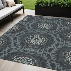 Photo of Charcoal Gray And Ivory Floral Medallion Washable Indoor Outdoor Area Rug