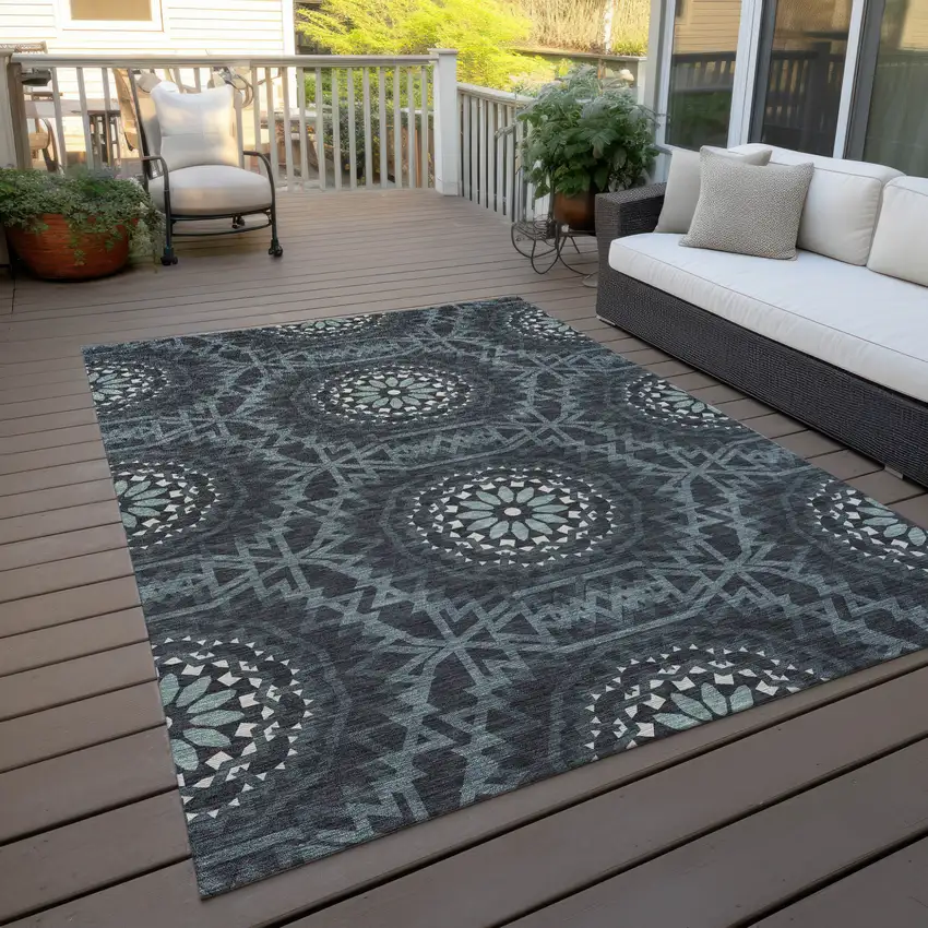 Charcoal Gray And Ivory Floral Medallion Washable Indoor Outdoor Area Rug Photo 9