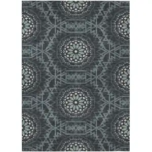Photo of Charcoal Gray And Ivory Floral Medallion Washable Indoor Outdoor Area Rug