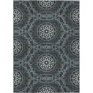 Photo of Charcoal Gray And Ivory Floral Medallion Washable Indoor Outdoor Area Rug