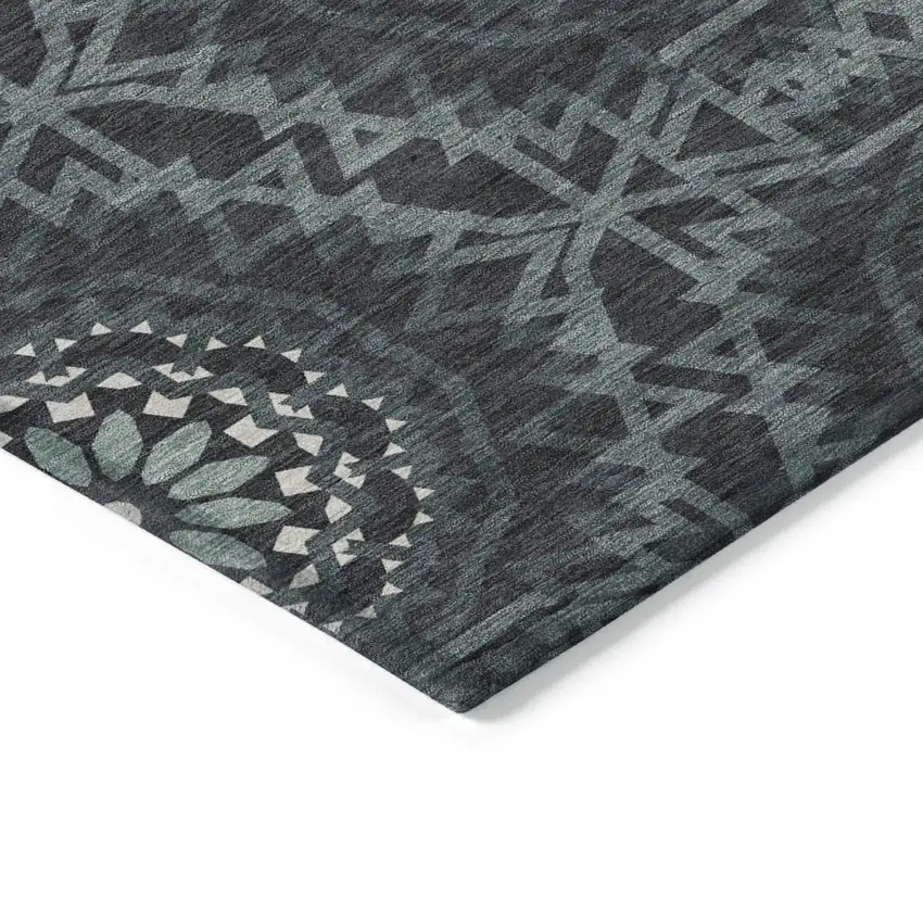Charcoal Gray And Ivory Floral Medallion Washable Indoor Outdoor Area Rug Photo 5