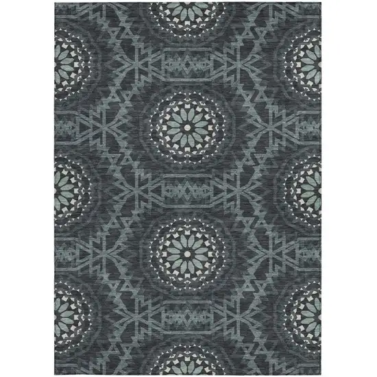 Charcoal Gray And Ivory Floral Medallion Washable Indoor Outdoor Area Rug Photo 7
