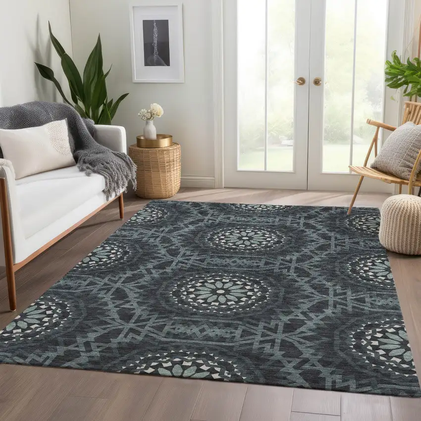 Charcoal Gray And Ivory Floral Medallion Washable Indoor Outdoor Area Rug Photo 9