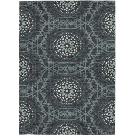 Charcoal Gray And Ivory Floral Medallion Washable Indoor Outdoor Area Rug Photo 7