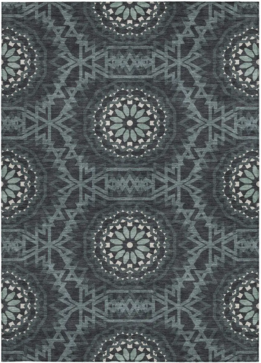 Charcoal Gray And Ivory Floral Medallion Washable Indoor Outdoor Area Rug Photo 7