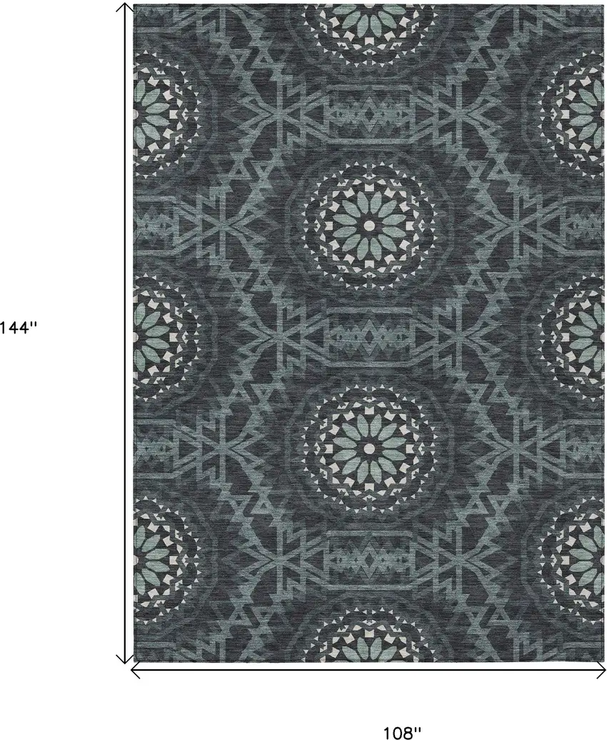 Charcoal Gray And Ivory Floral Medallion Washable Indoor Outdoor Area Rug Photo 3