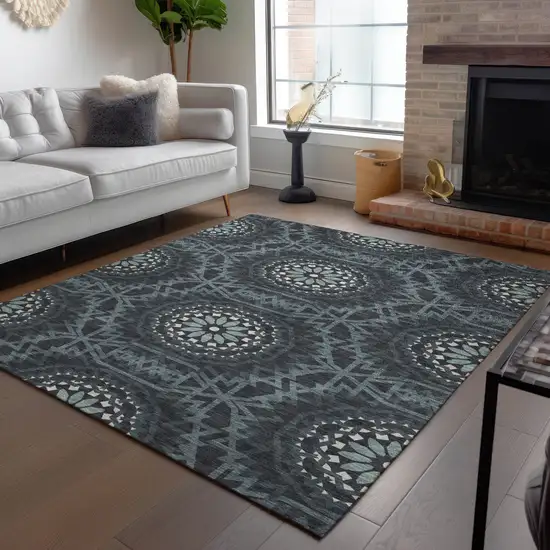 Charcoal Gray And Ivory Floral Medallion Washable Indoor Outdoor Area Rug Photo 9