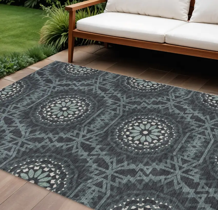 Charcoal Gray And Ivory Floral Medallion Washable Indoor Outdoor Area Rug Photo 1