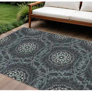 Photo of Charcoal Gray And Ivory Floral Medallion Washable Indoor Outdoor Area Rug