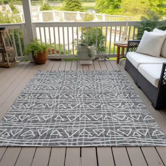 Charcoal Gray And Ivory Geometric Washable Indoor Outdoor Area Rug Photo 9