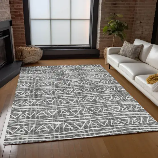 Charcoal Gray And Ivory Geometric Washable Indoor Outdoor Area Rug Photo 9