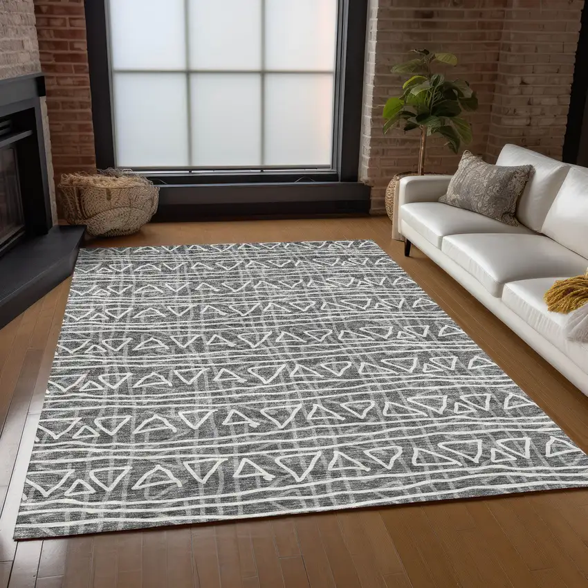 Charcoal Gray And Ivory Geometric Washable Indoor Outdoor Area Rug Photo 9