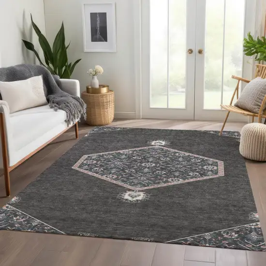 Charcoal Gray And Ivory Oriental Washable Area Rug With UV Protection Photo 5