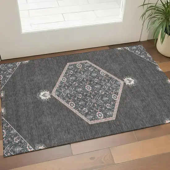 Charcoal Gray And Ivory Oriental Washable Area Rug With UV Protection Photo 1