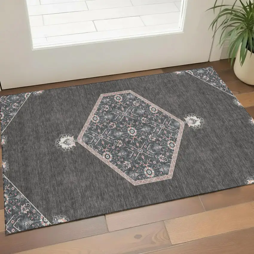 Charcoal Gray And Ivory Oriental Washable Area Rug With UV Protection Photo 1
