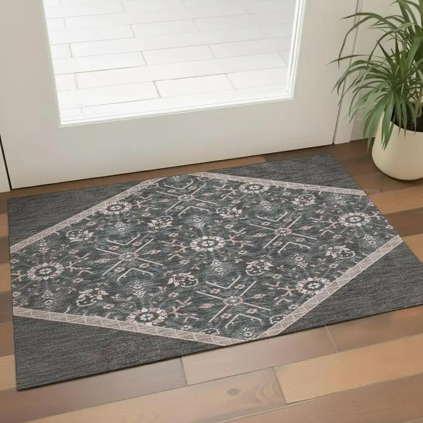 Charcoal Gray And Ivory Oriental Washable Area Rug With UV Protection Photo 2