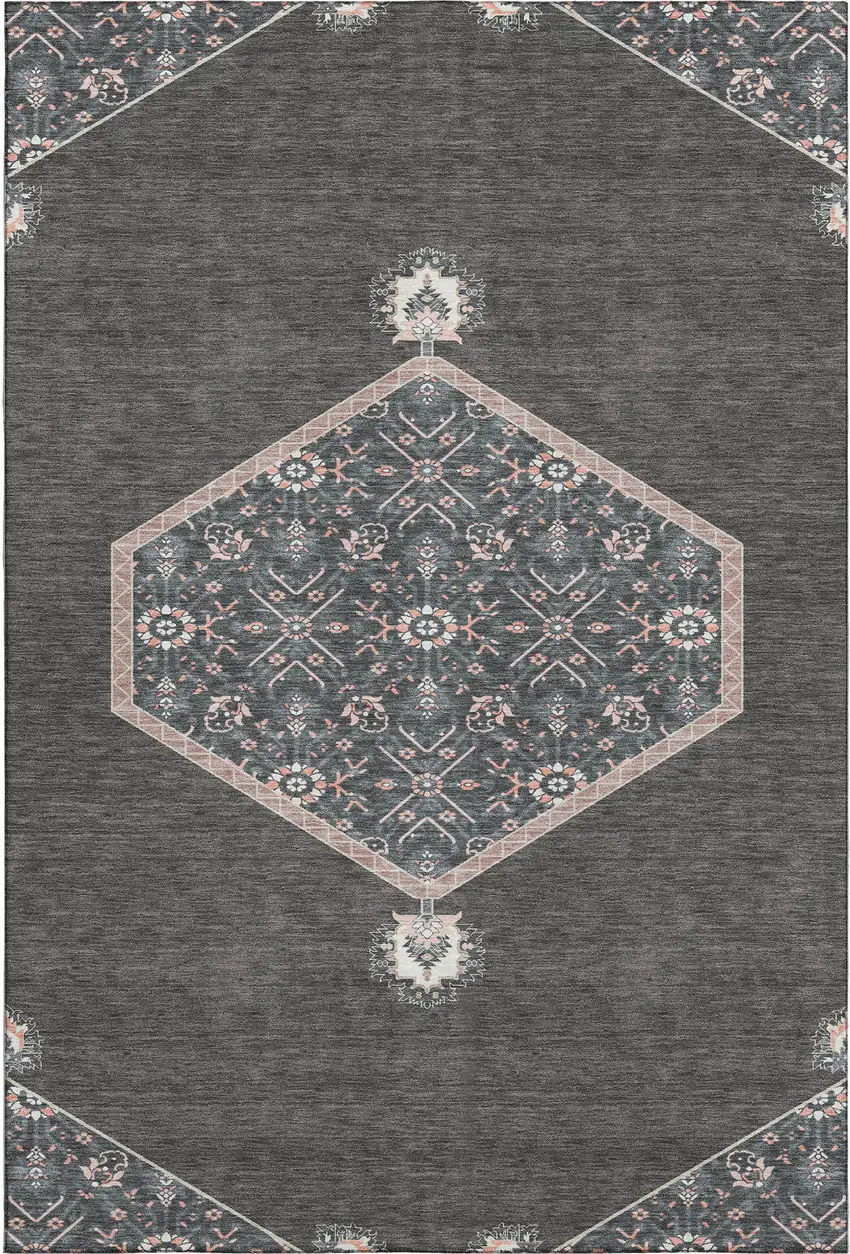 Charcoal Gray And Ivory Oriental Washable Area Rug With UV Protection Photo 1