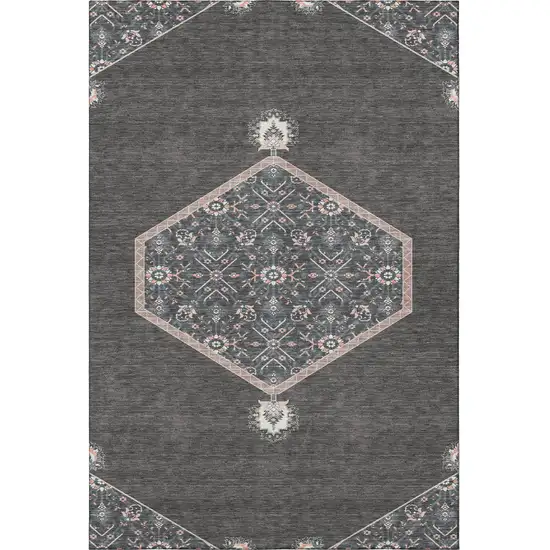 Charcoal Gray And Ivory Oriental Washable Area Rug With UV Protection Photo 3