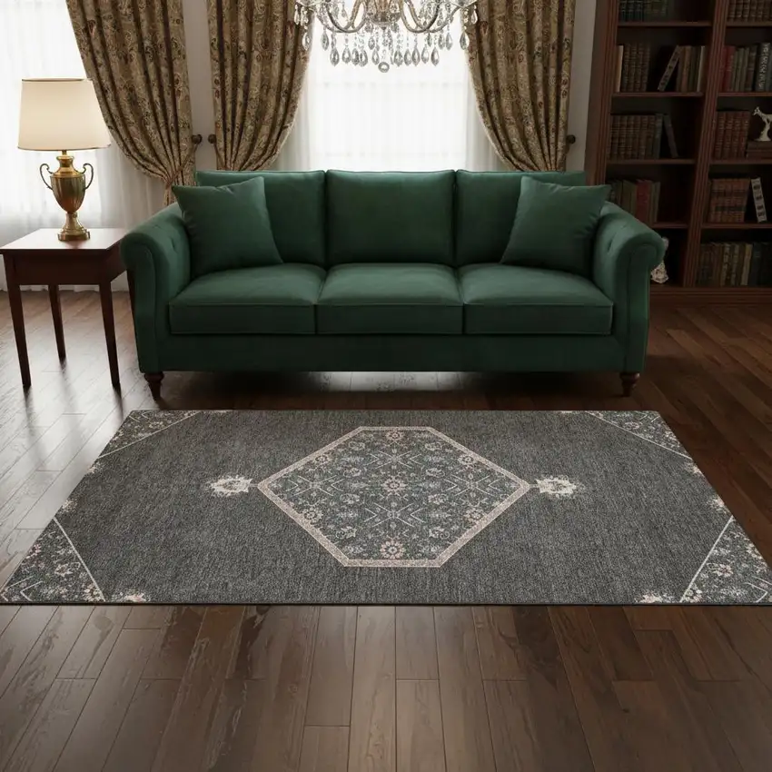 Charcoal Gray And Ivory Oriental Washable Area Rug With UV Protection Photo 2