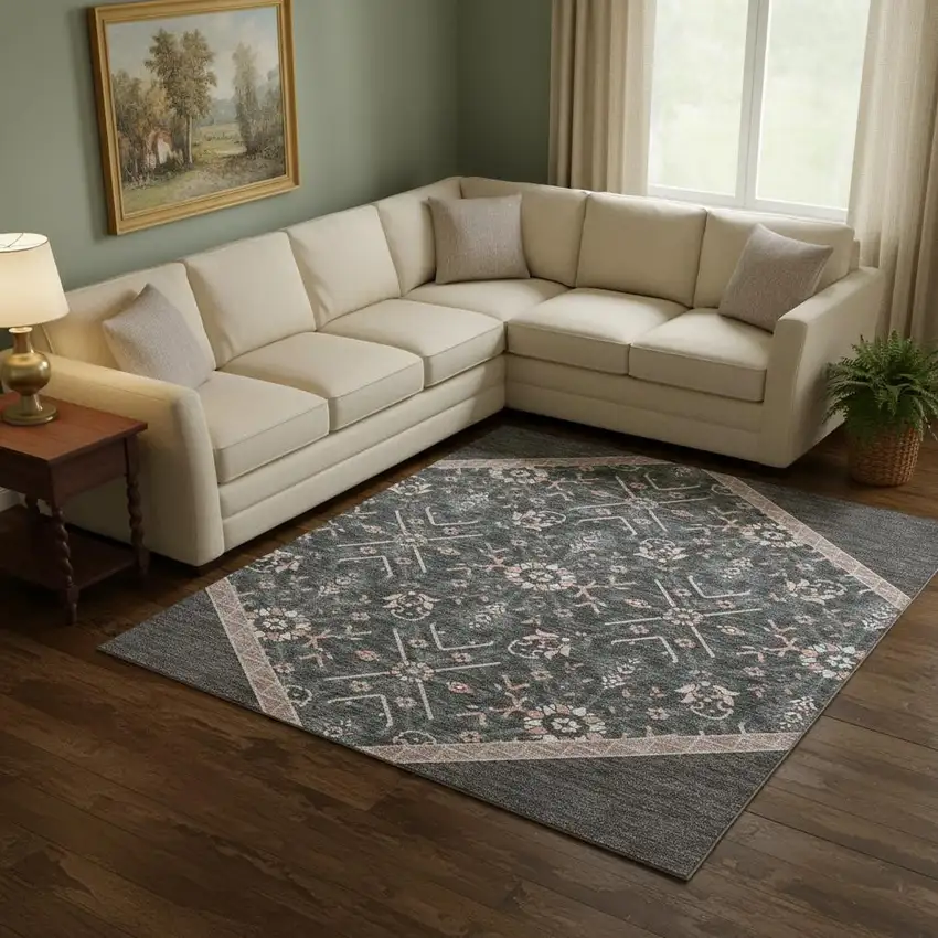 Charcoal Gray And Ivory Oriental Washable Area Rug With UV Protection Photo 2