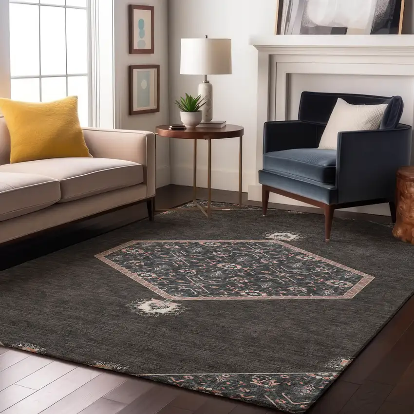 Charcoal Gray And Ivory Oriental Washable Area Rug With UV Protection Photo 4