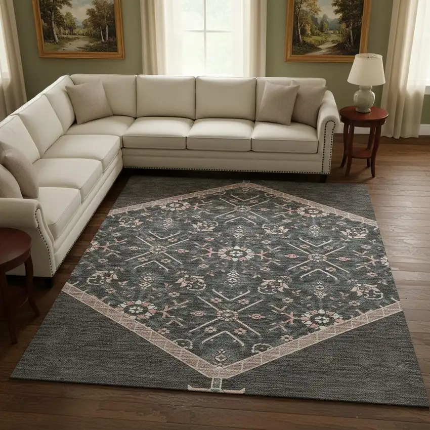 Charcoal Gray And Ivory Oriental Washable Area Rug With UV Protection Photo 2