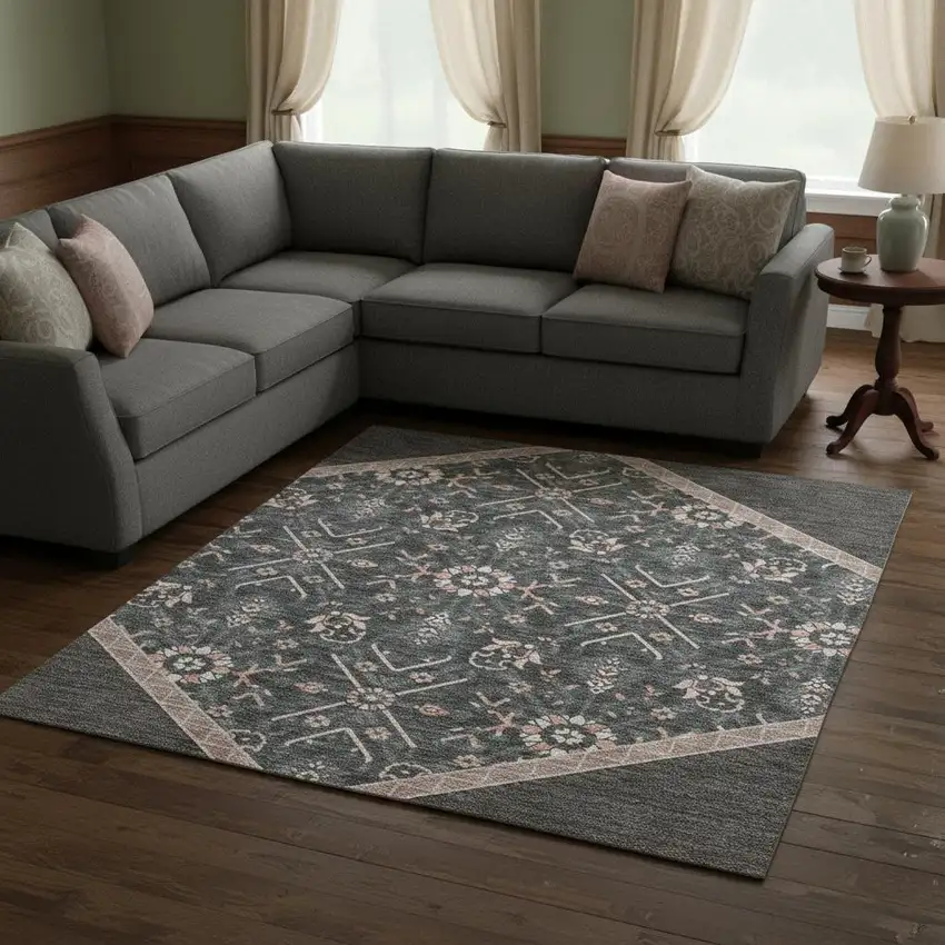 Charcoal Gray And Ivory Oriental Washable Area Rug With UV Protection Photo 2