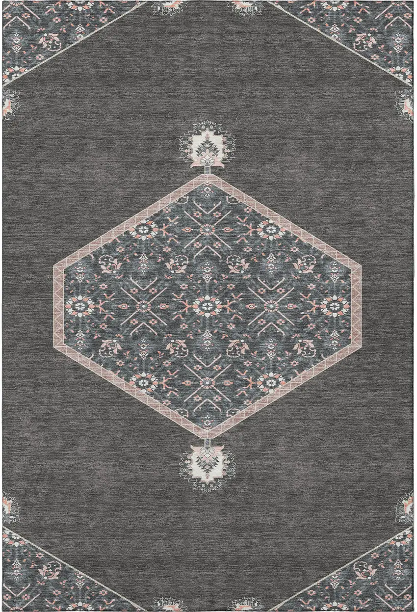 Charcoal Gray And Ivory Oriental Washable Area Rug With UV Protection Photo 3