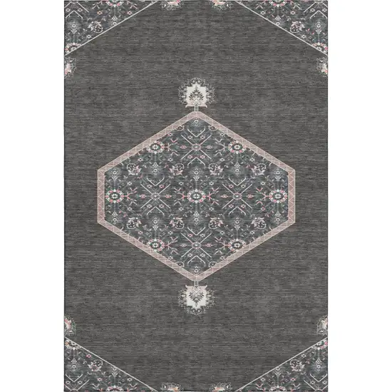 Charcoal Gray And Ivory Oriental Washable Area Rug With UV Protection Photo 1