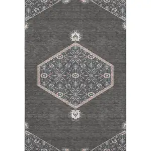 Photo of Charcoal Gray And Ivory Oriental Washable Area Rug With UV Protection