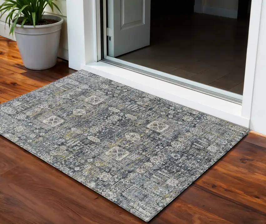 Charcoal Gray And Ivory Oriental Washable Indoor Outdoor Area Rug Photo 1