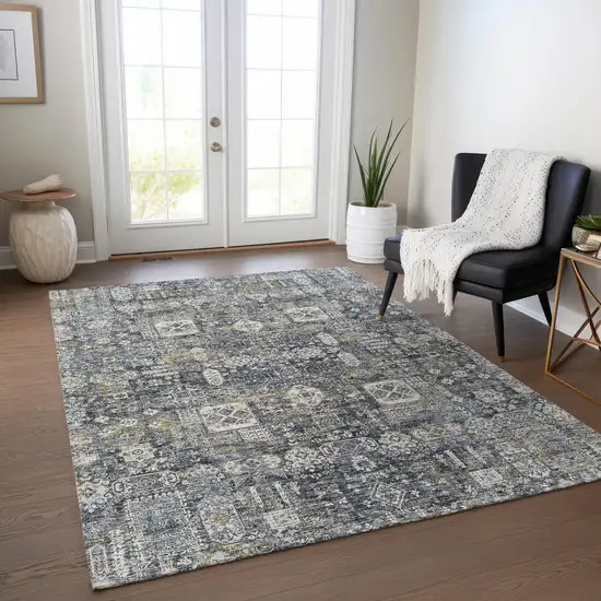 Charcoal Gray And Ivory Oriental Washable Indoor Outdoor Area Rug Photo 8
