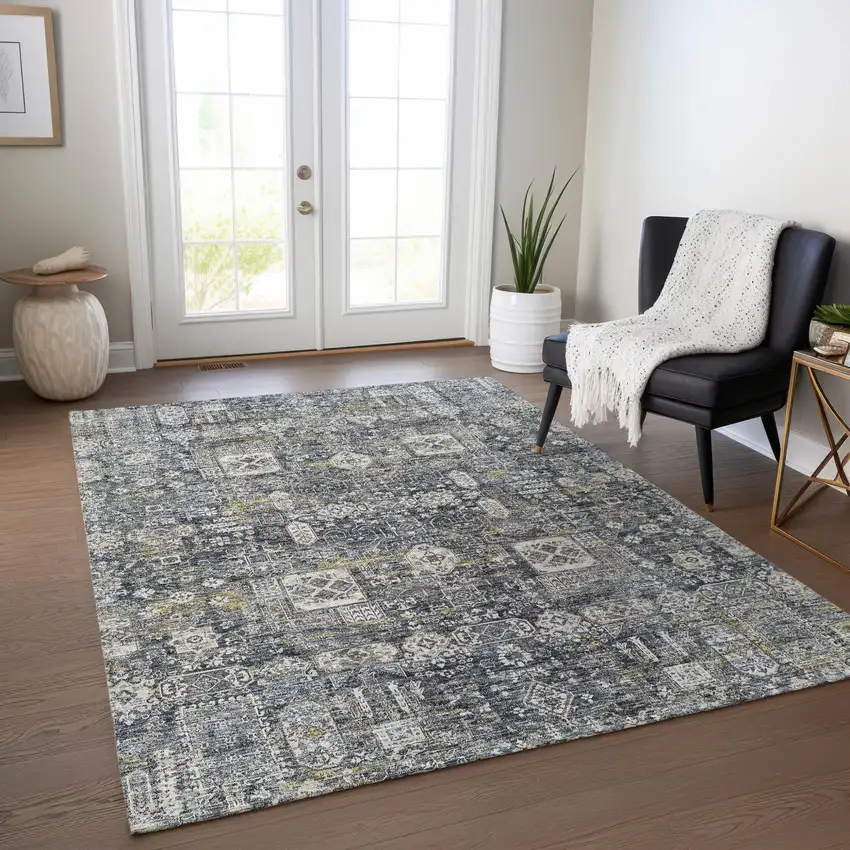 Charcoal Gray And Ivory Oriental Washable Indoor Outdoor Area Rug Photo 8