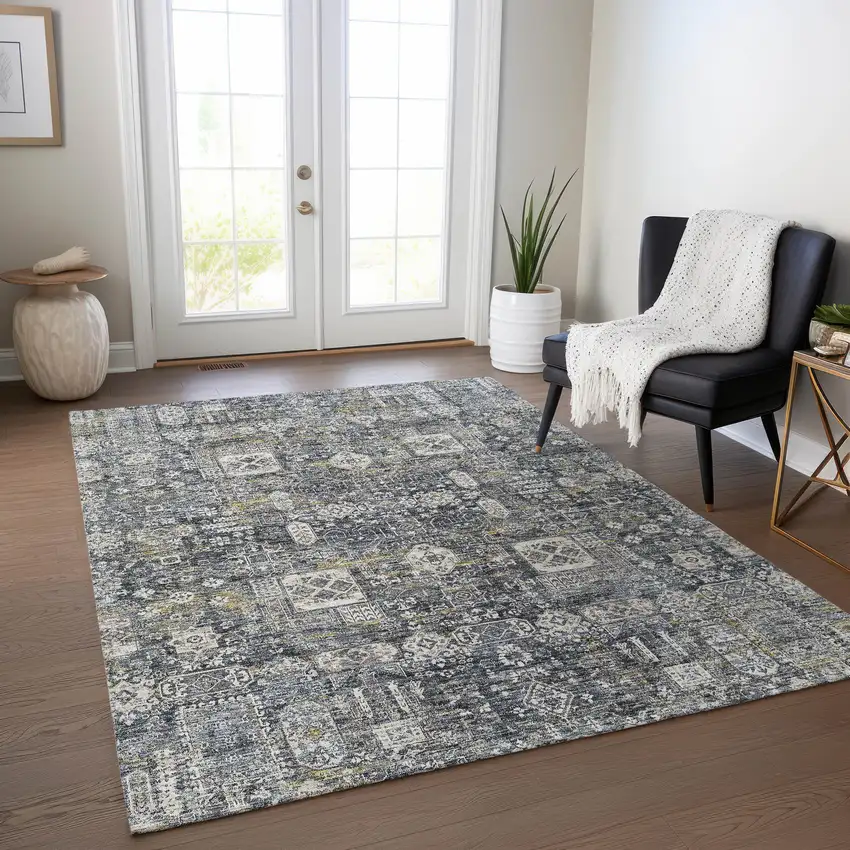 Charcoal Gray And Ivory Oriental Washable Indoor Outdoor Area Rug Photo 8