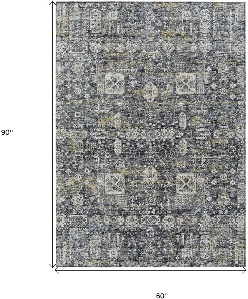 Charcoal Gray And Ivory Oriental Washable Indoor Outdoor Area Rug Photo 3