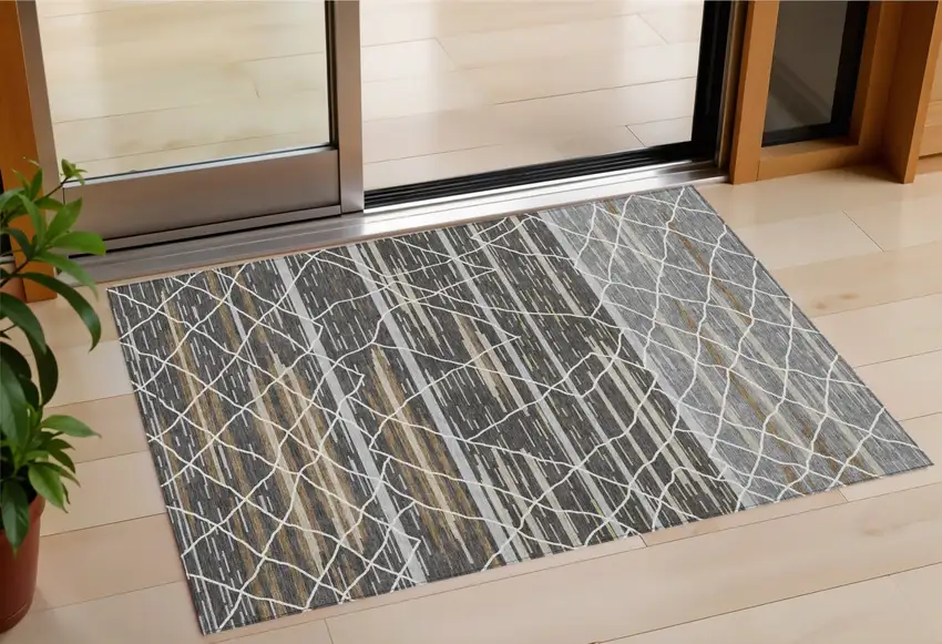 Charcoal Gray And Ivory Striped Washable Indoor Outdoor Area Rug Photo 1