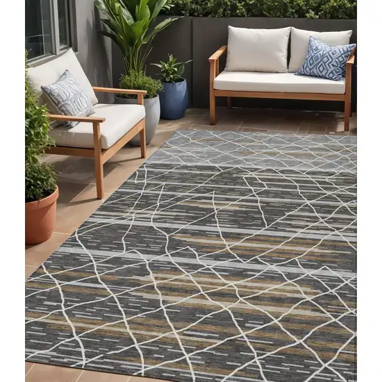 Charcoal Gray And Ivory Striped Washable Indoor Outdoor Area Rug Photo 1
