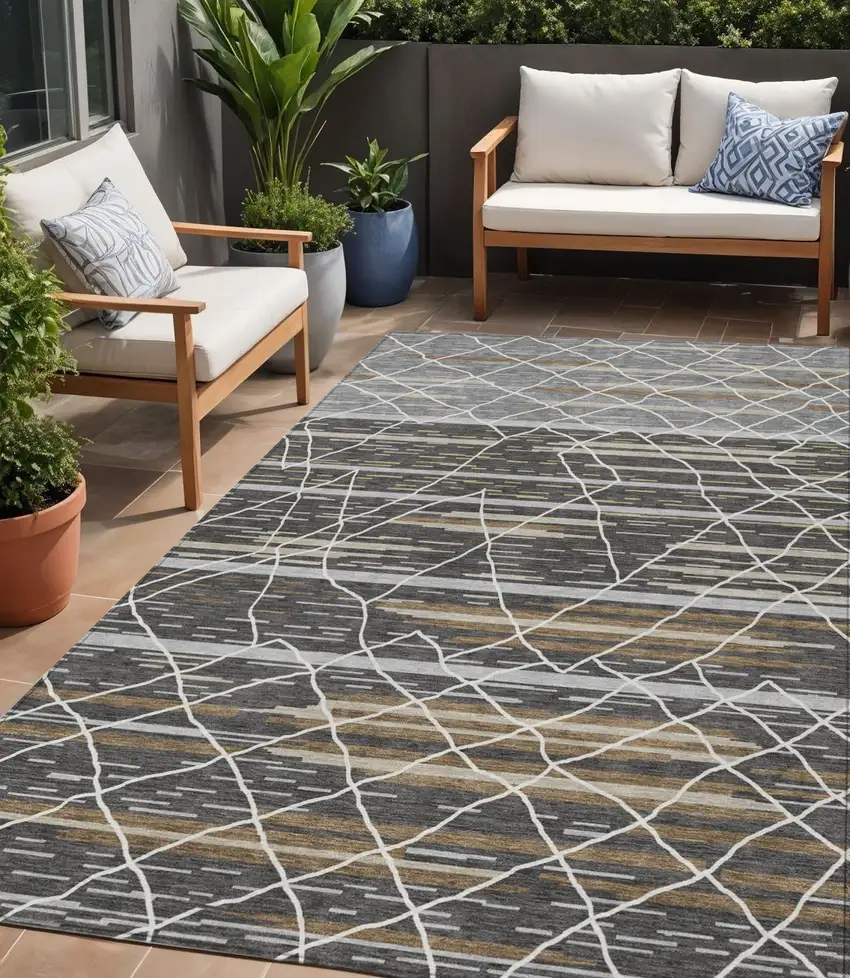 Charcoal Gray And Ivory Striped Washable Indoor Outdoor Area Rug Photo 1