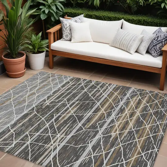 Charcoal Gray And Ivory Striped Washable Indoor Outdoor Area Rug Photo 1
