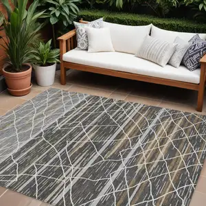 Photo of Charcoal Gray And Ivory Striped Washable Indoor Outdoor Area Rug