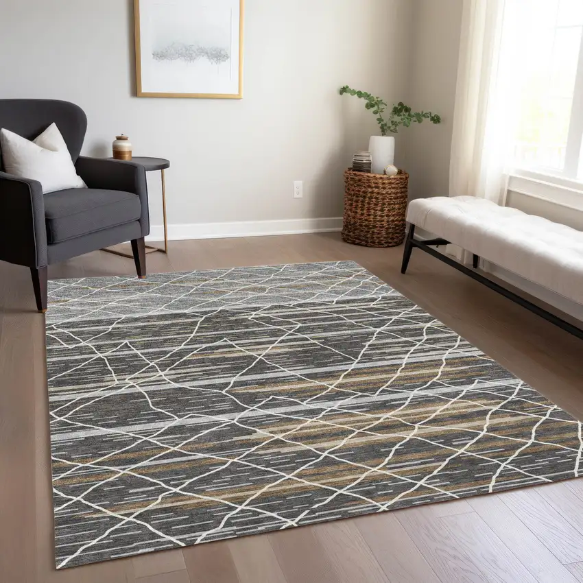 Charcoal Gray And Ivory Striped Washable Indoor Outdoor Area Rug Photo 9