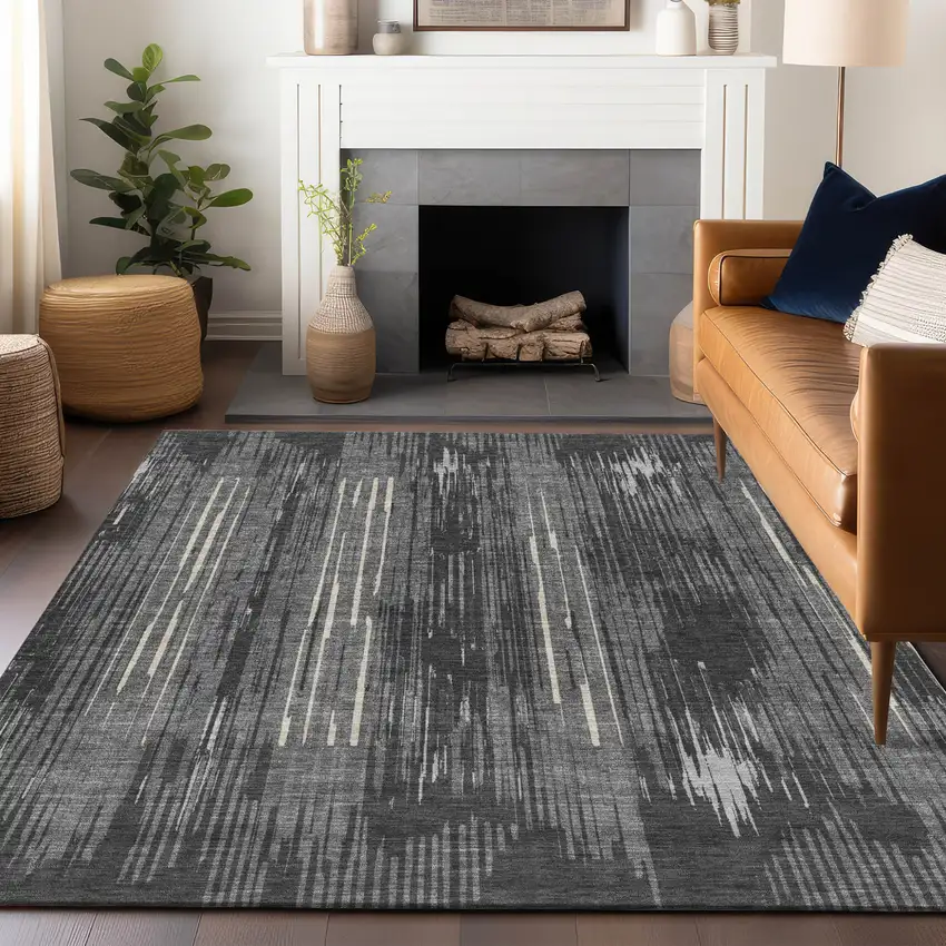 Charcoal Gray And Ivory Striped Washable Indoor Outdoor Area Rug Photo 9