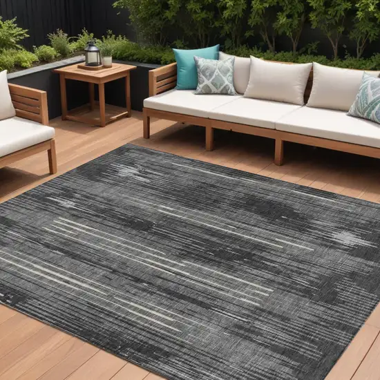 Charcoal Gray And Ivory Striped Washable Indoor Outdoor Area Rug Photo 1