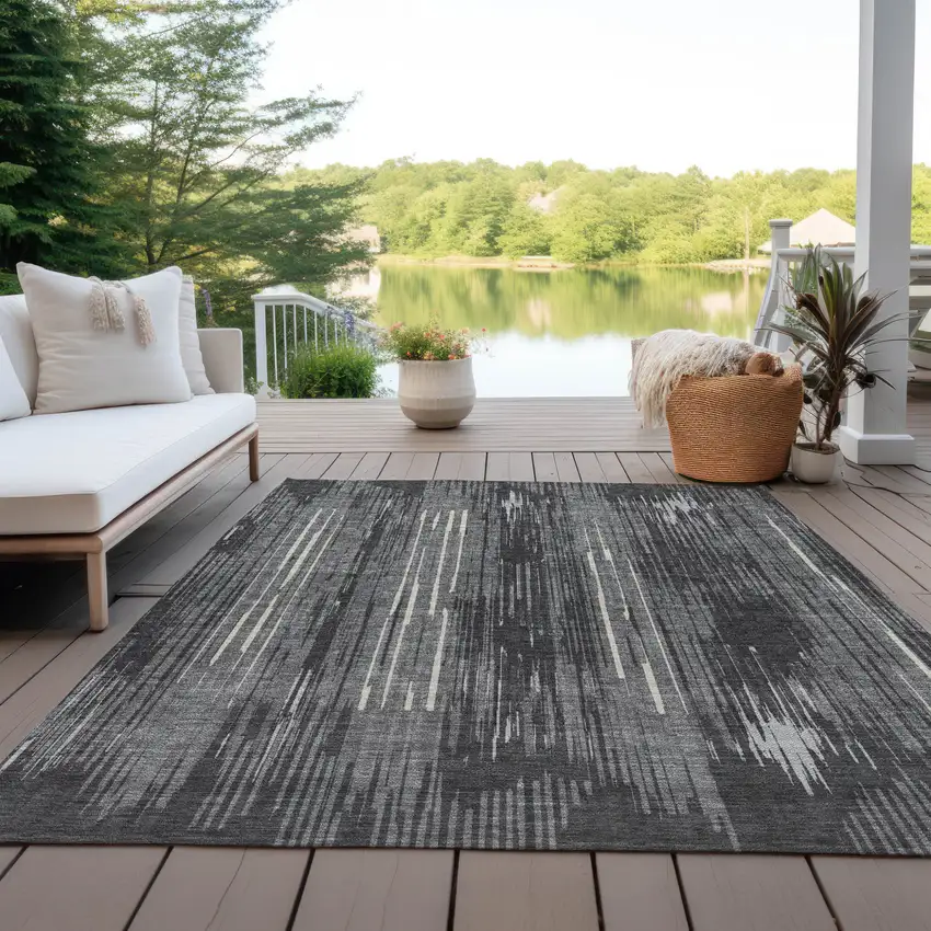 Charcoal Gray And Ivory Striped Washable Indoor Outdoor Area Rug Photo 8
