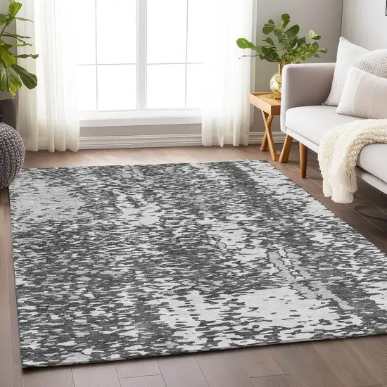 Charcoal Gray And Silver Abstract Washable Area Rug With UV Protection Photo 5