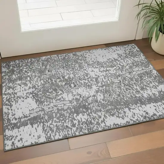 Charcoal Gray And Silver Abstract Washable Area Rug With UV Protection Photo 2