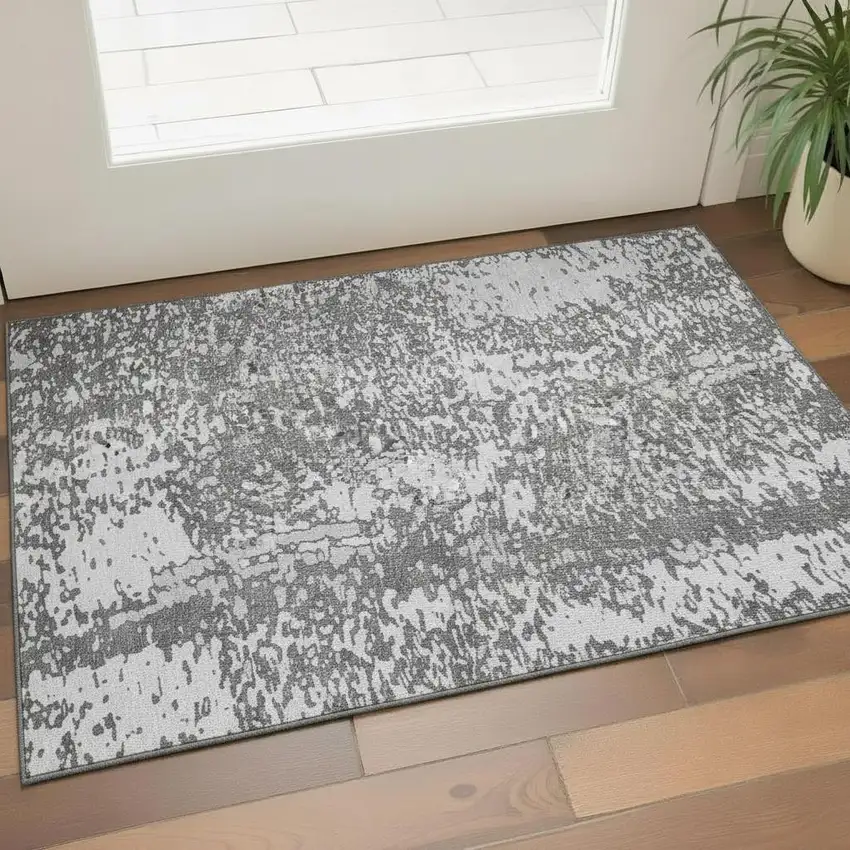 Charcoal Gray And Silver Abstract Washable Area Rug With UV Protection Photo 2